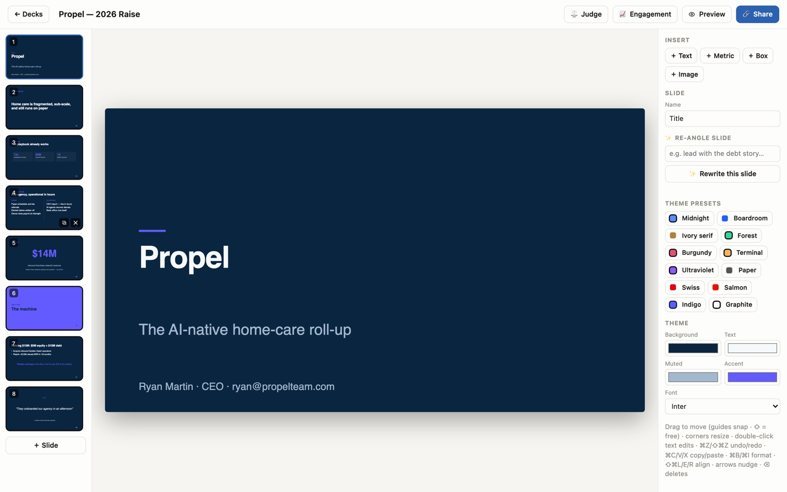 Deck editor with slide rail, theme presets and AI rewrite