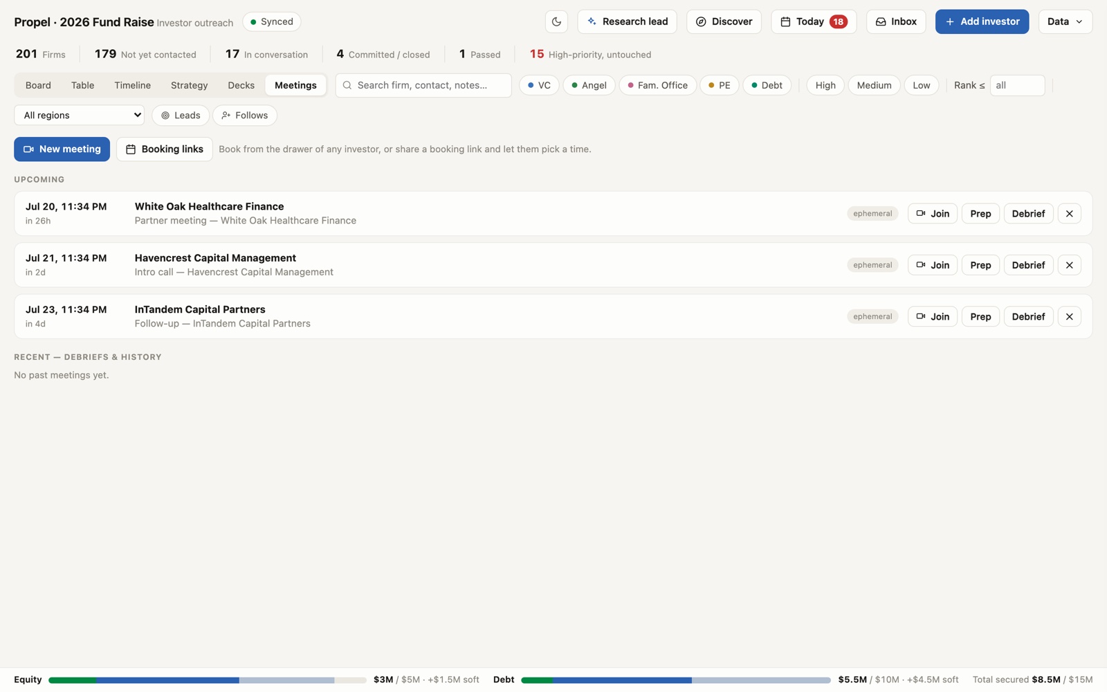 Meetings view with upcoming investor calls and the round scoreboard